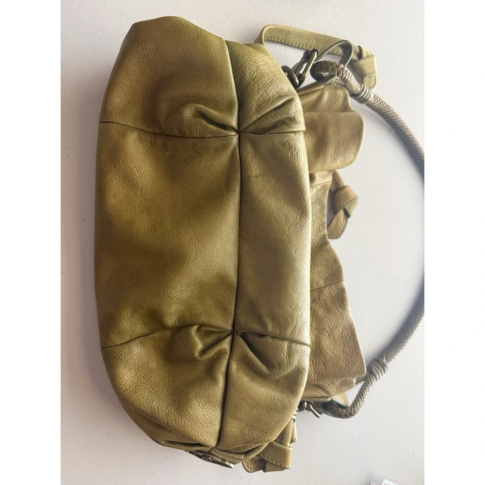 Elliott Lucca Olive Pebbled Soft Leather Hobo Shoulder Bag Woven Handle Boho